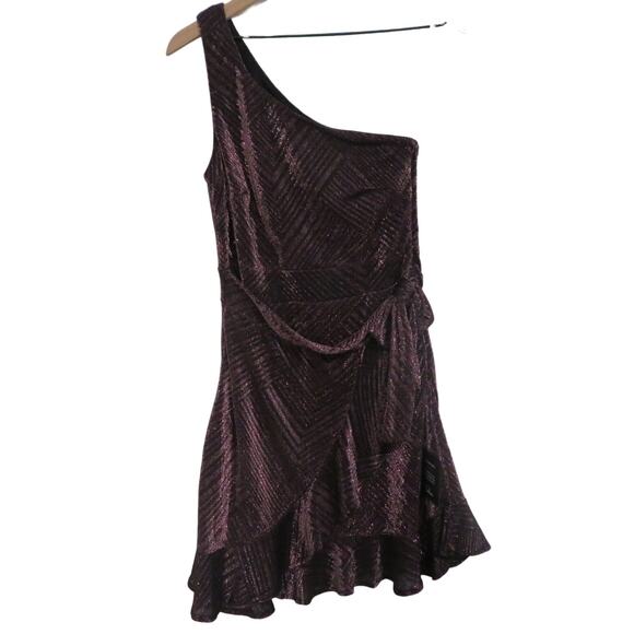 Lulus Womens Sz S Purple Metallic Party Babe One Shoulder Wrap Mini Dress - Picture 1 of 8